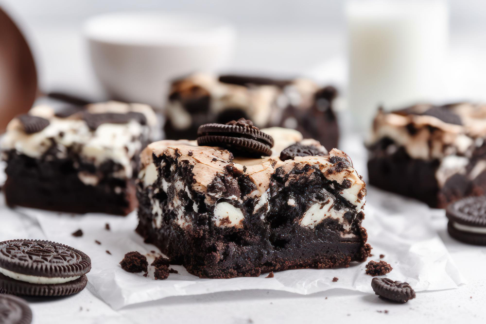 Decadent brownies topped with Oreo cookies, showcasing a rich, fudgy texture and creamy layers