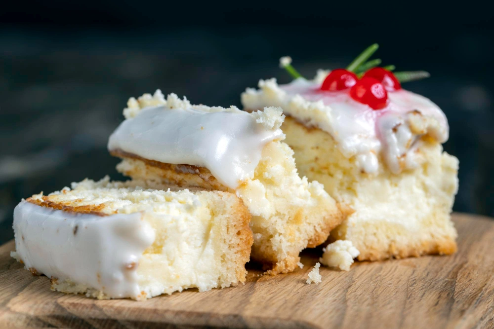 A freshly baked kefir sheet cake topped with a light cream frosting and garnished with fresh berries, showcasing its moist texture and inviting appearance