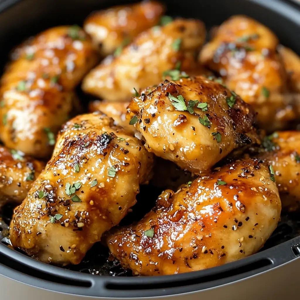 Air Fryer Honey Garlic Chicken: Easy & Healthy Recipe 5 Air fryer honey garlic chicken served on a plate with vegetables.