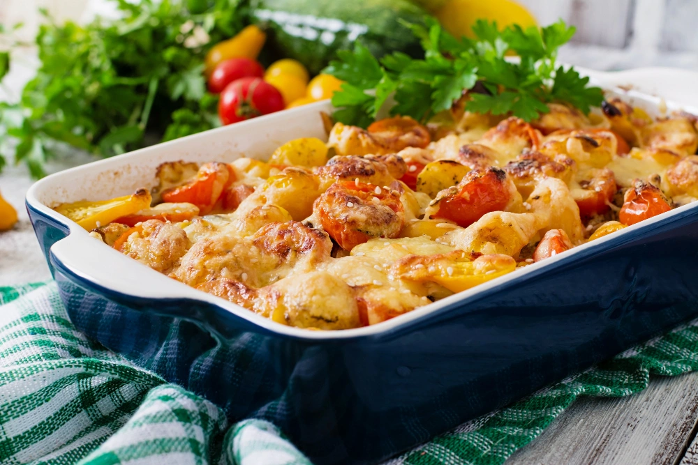 Baked crack chicken topped with melted cheese and bacon in a baking dish.