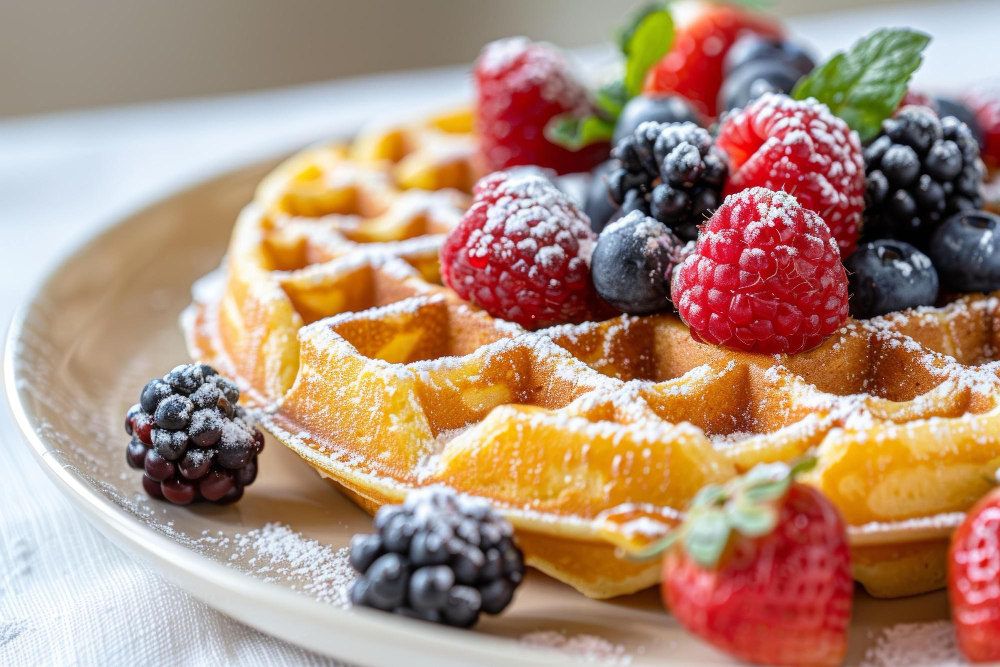 A variety of toppings including whipped cream, fruit, and chocolate chips displayed next to a plate of Bisquick waffles.