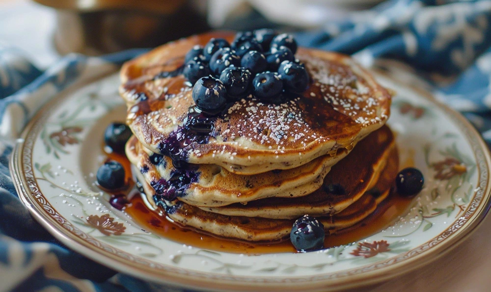 A stack of fluffy blueberry pancakes topped with fresh blueberries and a drizzle of syrup, showcasing the deliciousness of blueberry pancake mix.