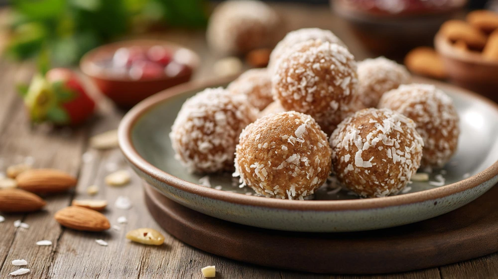 Peanut butter energy balls coated in coconut powder, arranged on a plate, showcasing a healthy