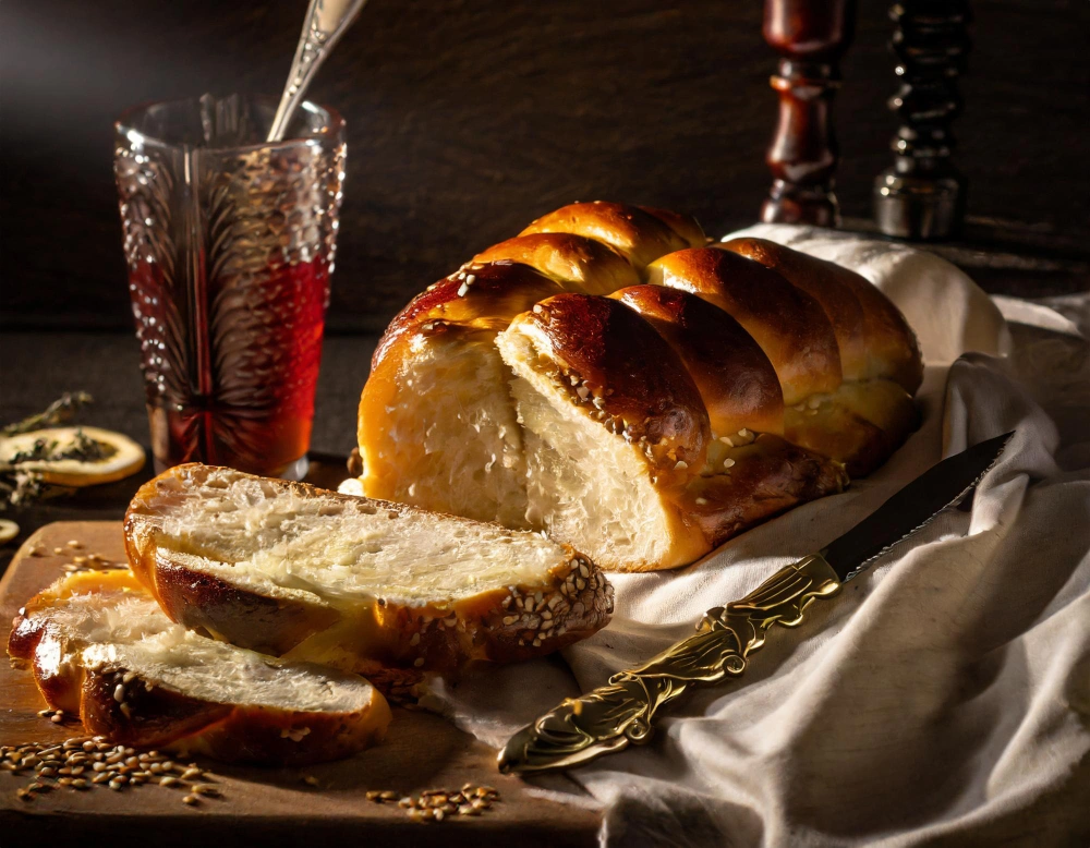 Freshly baked challah bread with a golden, braided texture, showcasing its rich, traditional appearance.