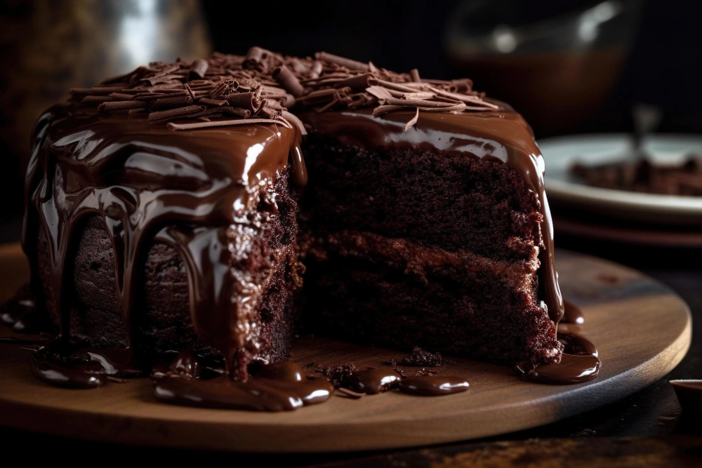 A beautifully decorated chocolate cake inspired by the 1920s, showcasing rich layers of chocolate frosting and vintage-style decorations, symbolizing the classic dessert's enduring appeal and historical significance.