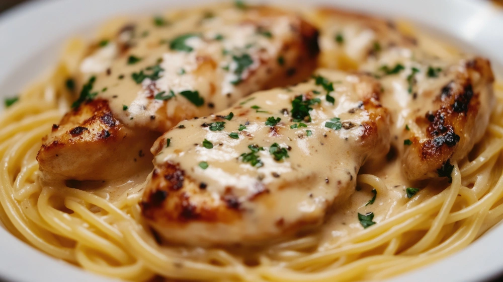 A beautifully plated dish of garlic butter chicken bites alongside creamy parmesan pasta, creating a delicious and inviting meal.