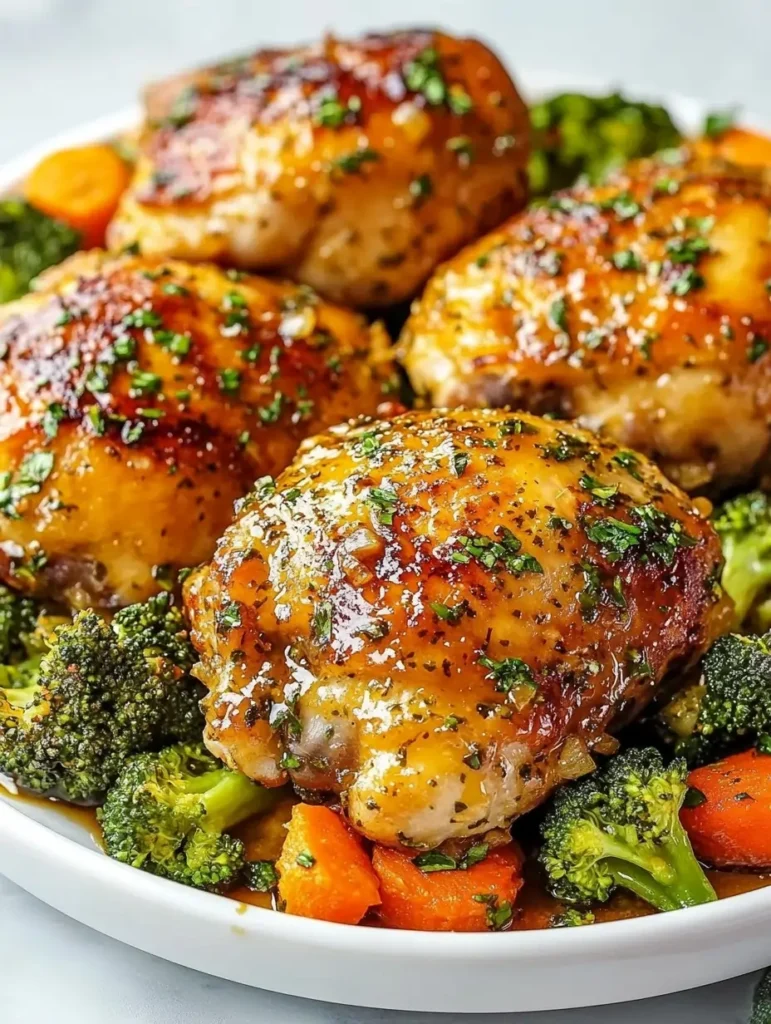 Honey-Garlic Chicken Thighs with Carrots & Broccoli 2 Honey-garlic chicken thighs sizzling in a skillet with colorful carrots and broccoli.