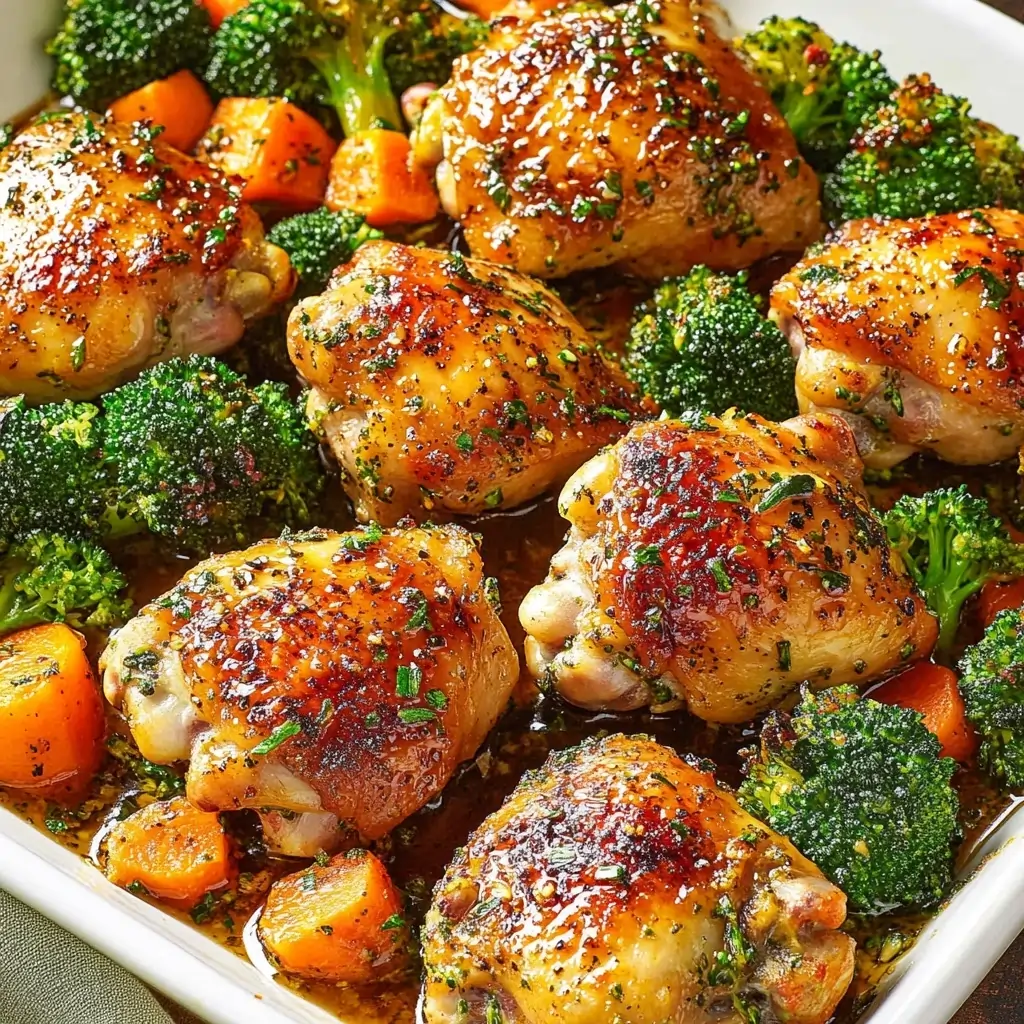 Honey-Garlic Chicken Thighs with Carrots & Broccoli 4 honey-garlic chicken thighs with carrots & broccoli