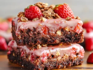 Close-up of strawberry crunch brownies, with a rich, fudgy brownie base topped with a vibrant pink, crunchy strawberry-flavored topping