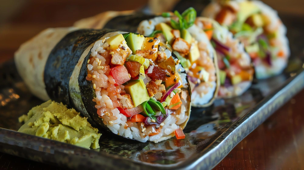 Beautifully plated sushi tacos garnished with sauces.