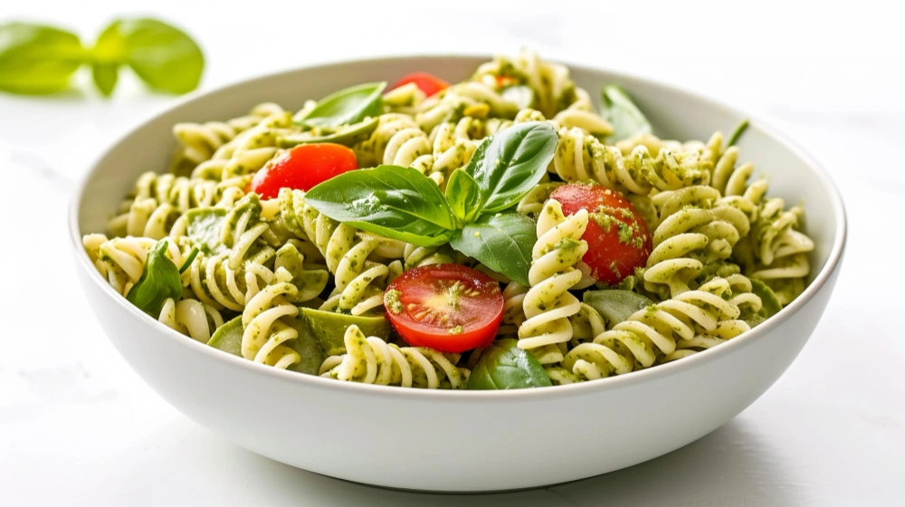 A delicious bowl of avocado pasta with chicken, garnished with fresh herbs and Parmesan cheese, showcasing a creamy and nutritious meal.