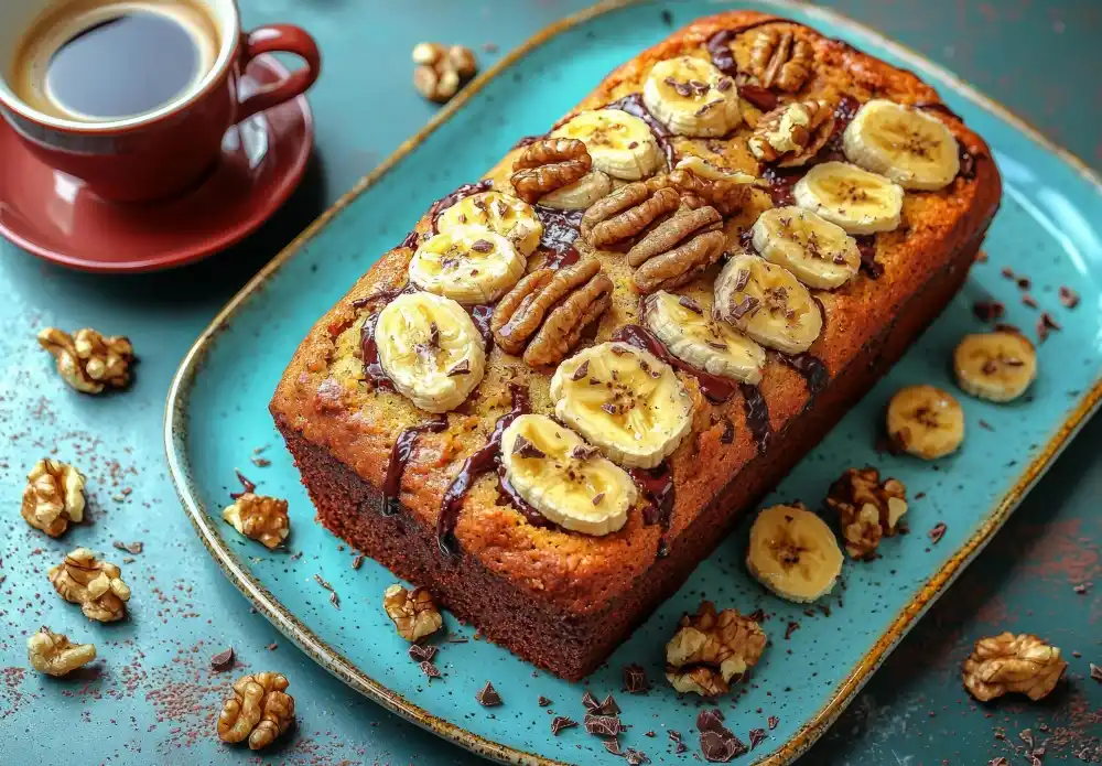 Loaf of freshly baked banana bread topped with banana slices, pecans, and a drizzle of chocolate, served on a teal plate with scattered walnuts and a cup of coffee on the side.