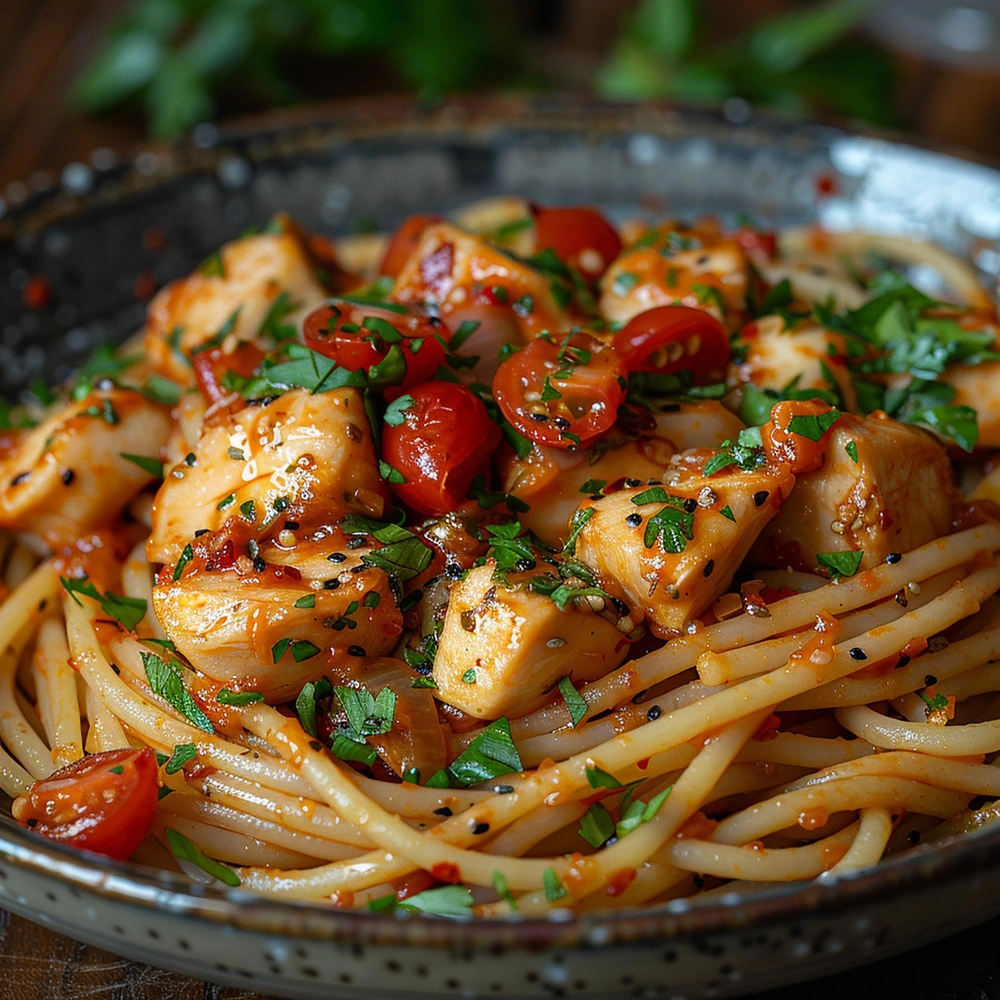 A delicious plate of butter chicken pasta, featuring tender chicken pieces in creamy sauce, served on a plate and garnished with fresh cilantro.