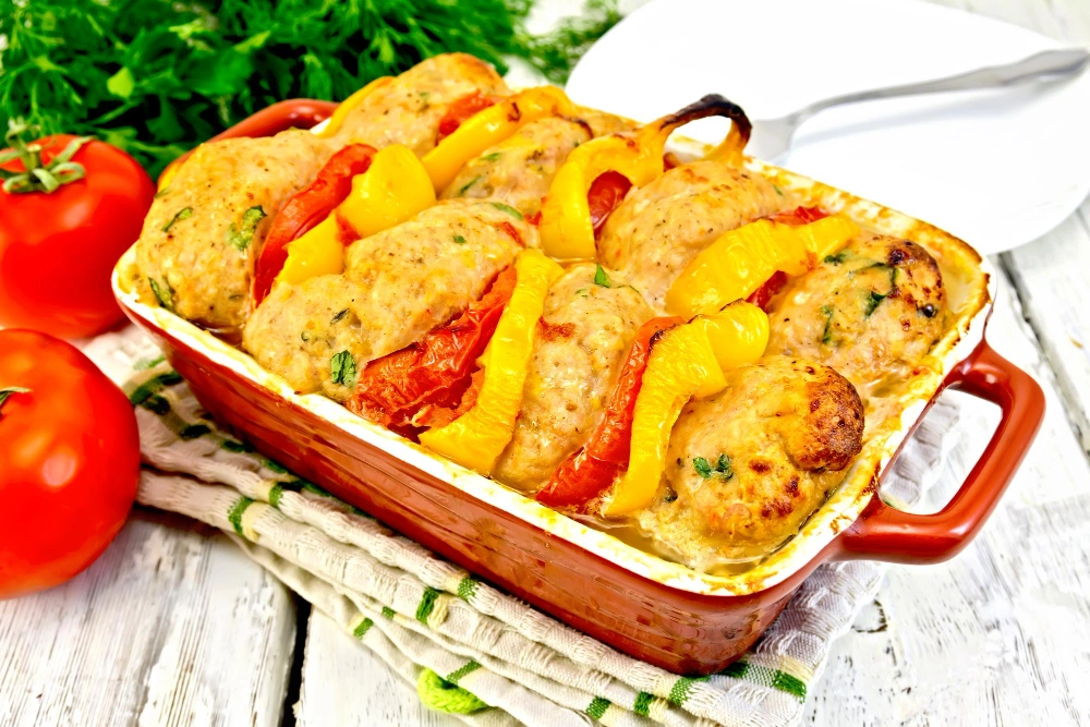 Cheesy baked chicken and peppers dish fresh out of the oven