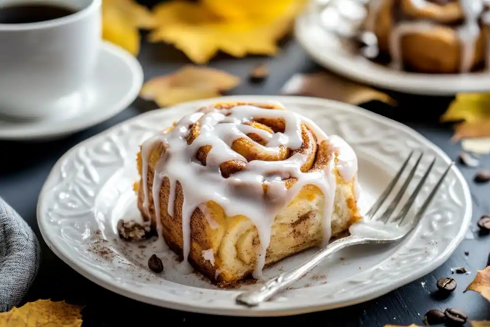 A freshly baked cinnamon roll drizzled with creamy icing, served on a white decorative plate with a fork, surrounded by autumn leaves, coffee beans, and a cup of coffee in the background."