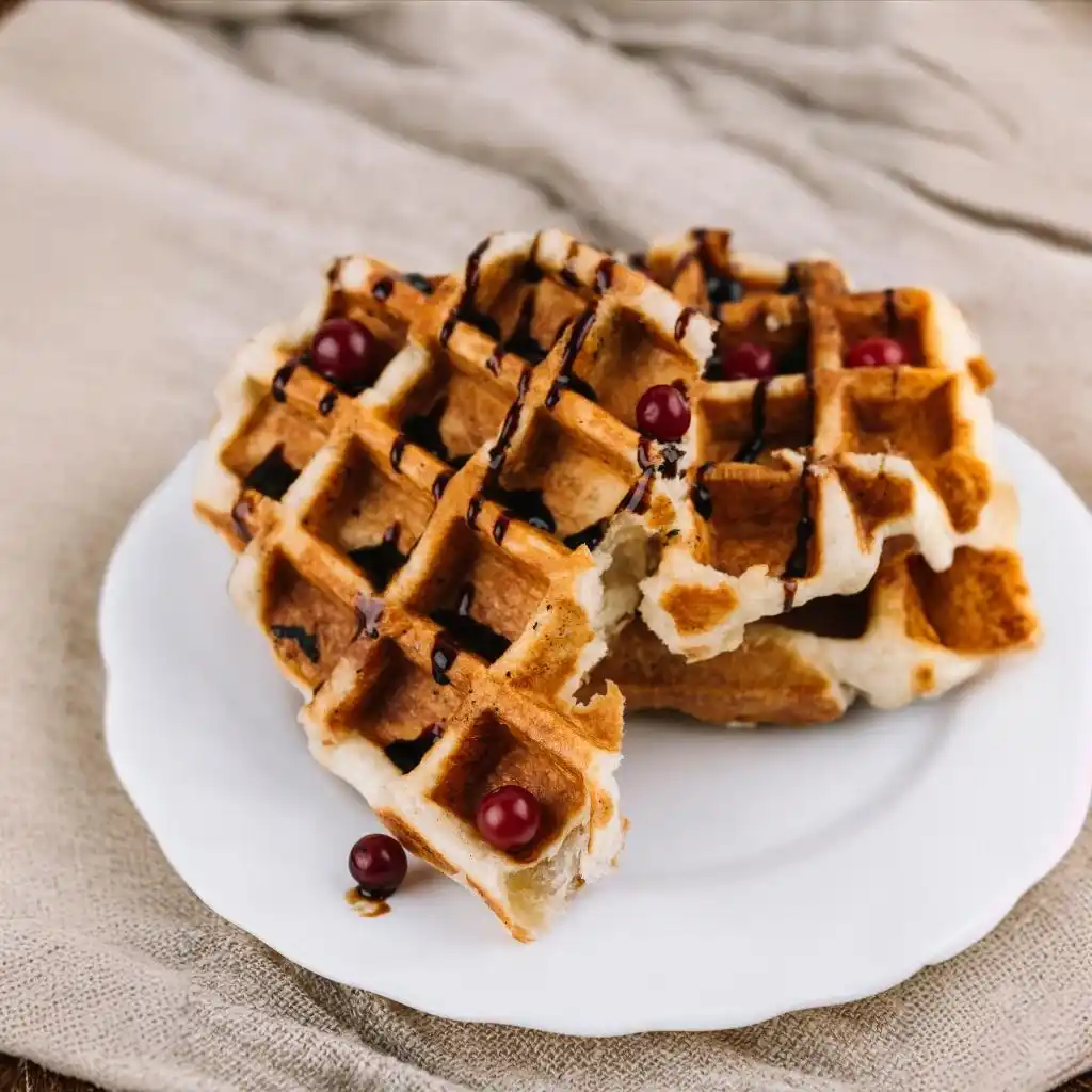 Delicious Bisquick Waffle Recipe: Quick and Easy Breakfast Idea 4 waffles with berry and chocolate syrup on white plate