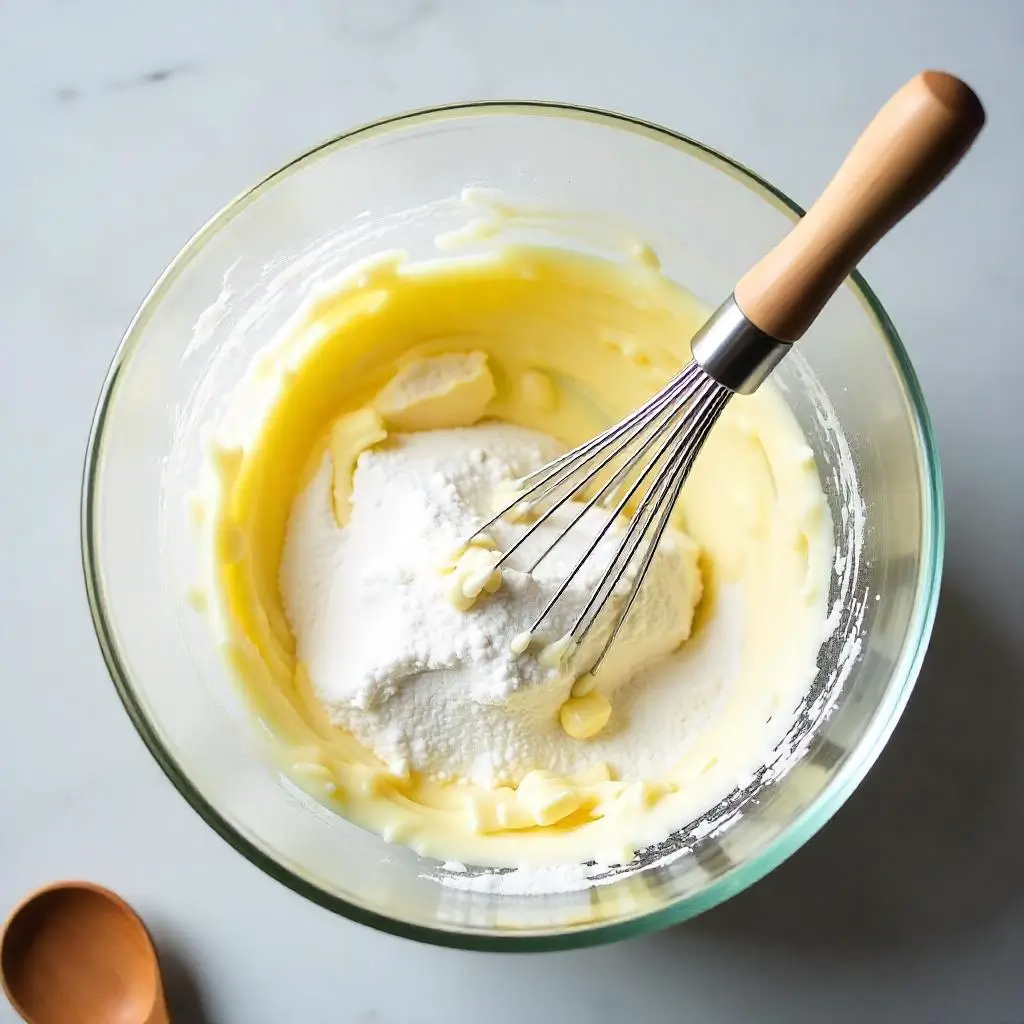 The image shows a bowl with softened butter and sugar being beaten together until light and fluffy.