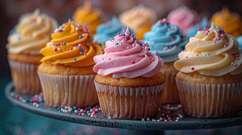 Deliciously baked mini cupcakes displayed on a decorative platter, showcasing various flavors and colorful frosting