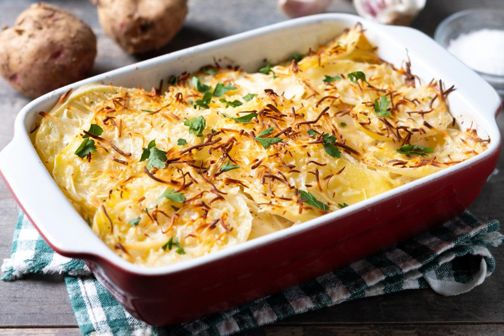 A delicious serving of gluten free au gratin potatoes, featuring creamy layers of potatoes and melted cheese