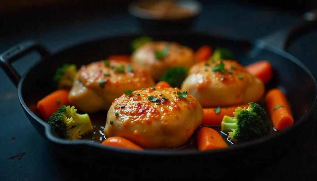 Close-up of honey-garlic chicken thighs drizzled with sauce, surrounded by vibrant vegetables.