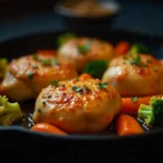 Close-up of honey-garlic chicken thighs drizzled with sauce, surrounded by vibrant vegetables.