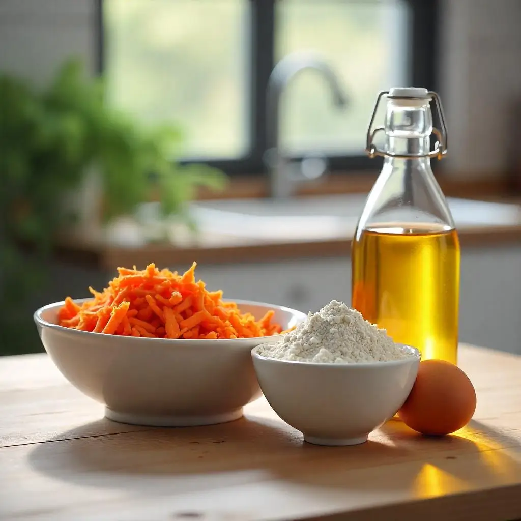 Carrot Cake Pineapple Coconut: A Tropical Delight 3 A vibrant image showcasing a bowl of finely grated carrots, a bowl of flour,eggs, and a bottle of vegetable oil. These ingredients are organized on a countertop, ready for use in a carrot cake recipe.