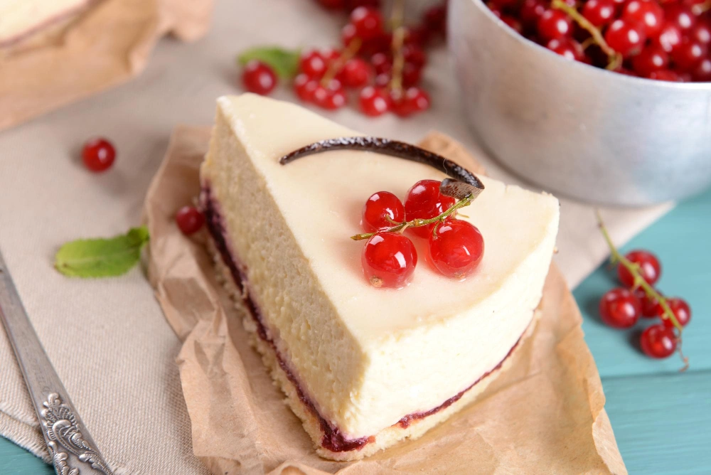 A beautifully decorated kefir sheet cake on a table, showcasing its moist texture and topped with fresh berries and whipped cream.