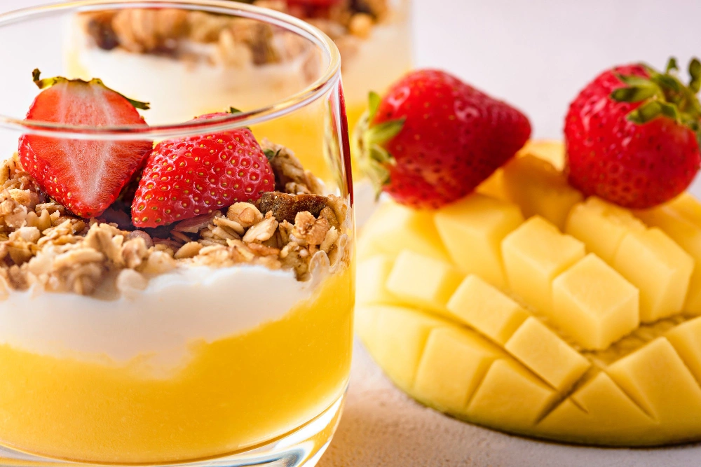 A vibrant, creamy mango smoothie served in a glass with a mango slice garnish.