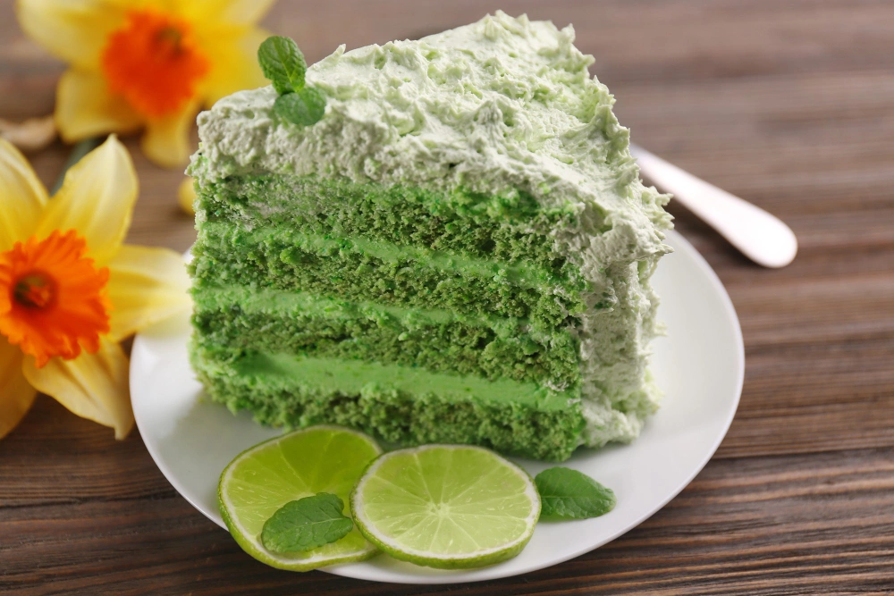 Beautifully layered matcha gateau with a vibrant green color