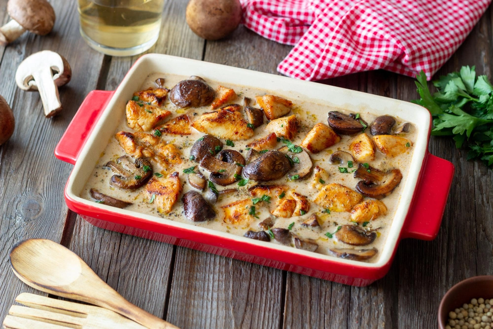 A beautifully baked mushroom gratin topped with golden and melted cheese, served on a plate.