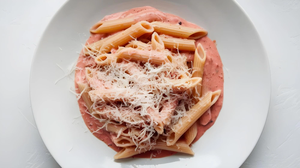 A delicious plate of pasta with pink sauce and chicken, garnished with grated Parmesan cheese, served in a beautiful bowl.