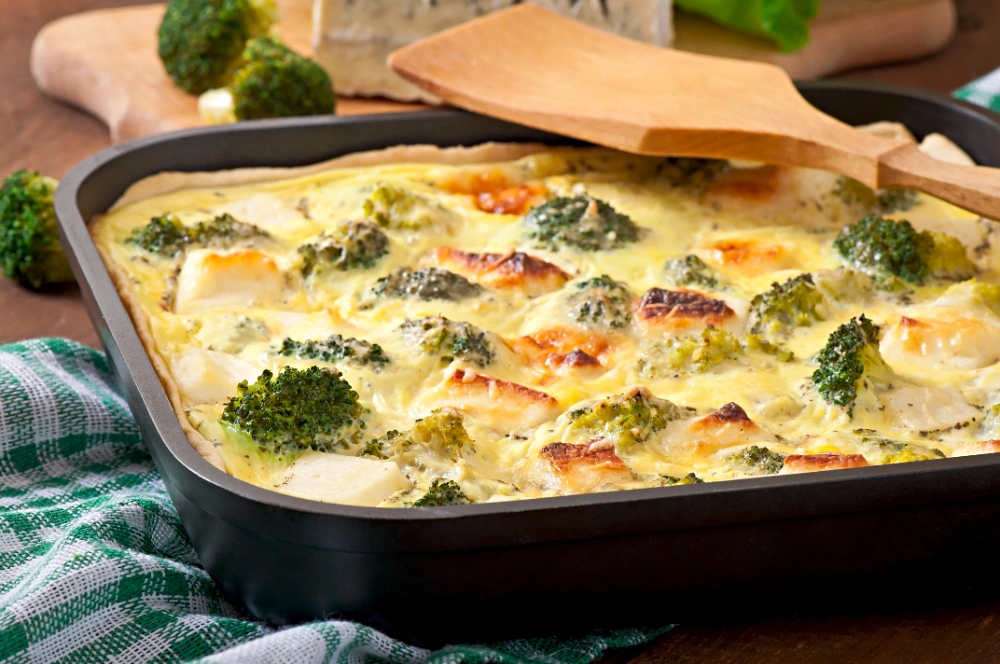 Baked potato chicken and broccoli casserole in a baking dish