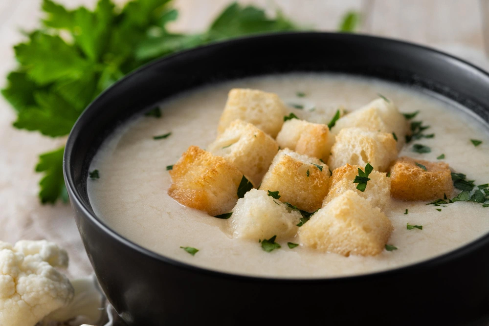 A warm bowl of creamy 3 ingredient potato soup garnished with fresh herbs, served with crusty bread, showcasing a comforting meal perfect for any occasion.