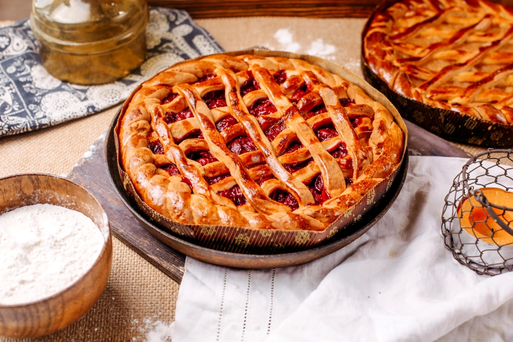 Homemade canned rhubarb strawberry pie filling