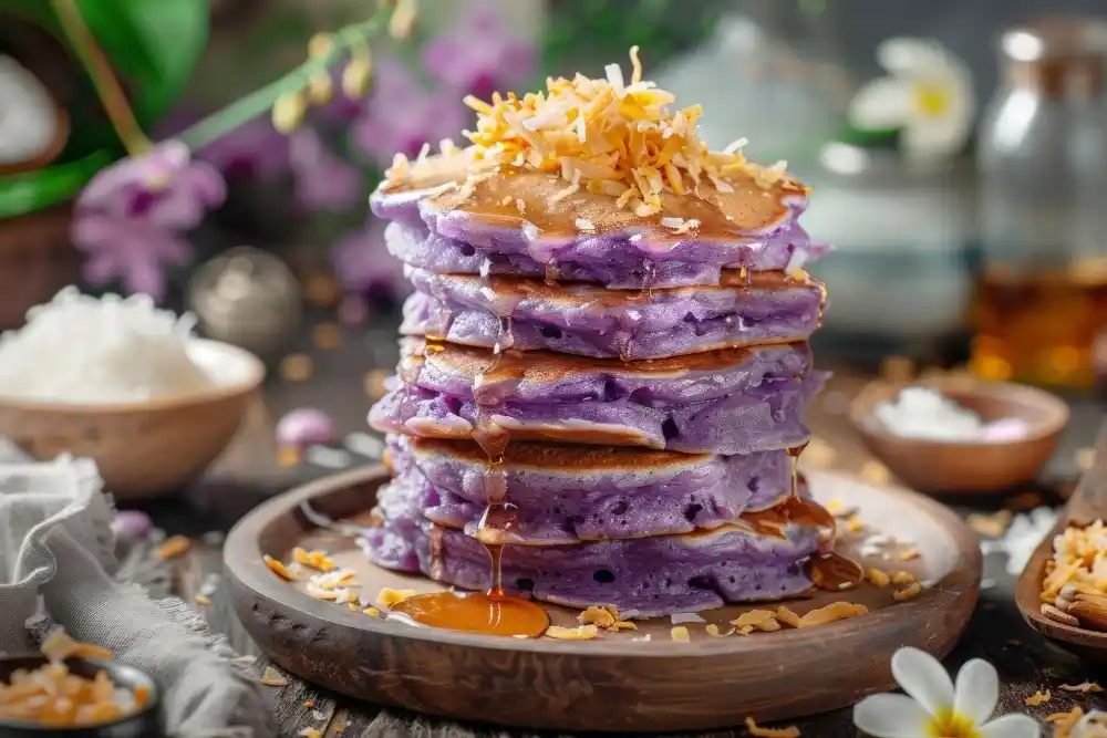 Fluffy Ube Pancakes Stacked with Condensed Milk and Coconut Topping