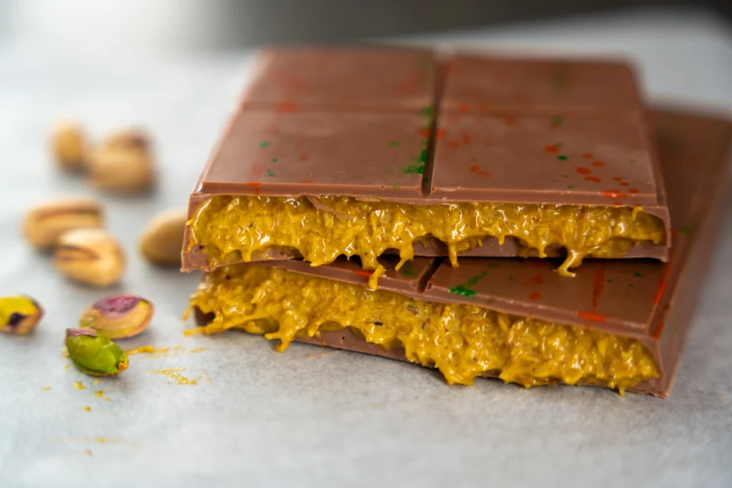 Close-up shot of a luxurious Dubai chocolate bar paired with a piece of kunafa, topped with crushed pistachios.